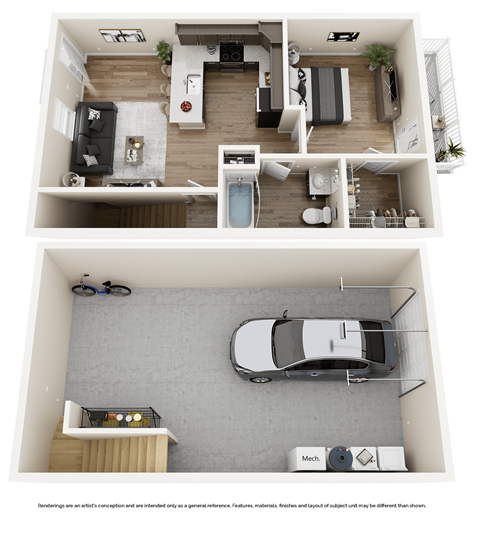 A top-down view of a two-story apartment with a car parked in the garage.